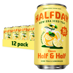 HALFDAY prebiotic half & half iced tea can pour showcases real brew and fiber