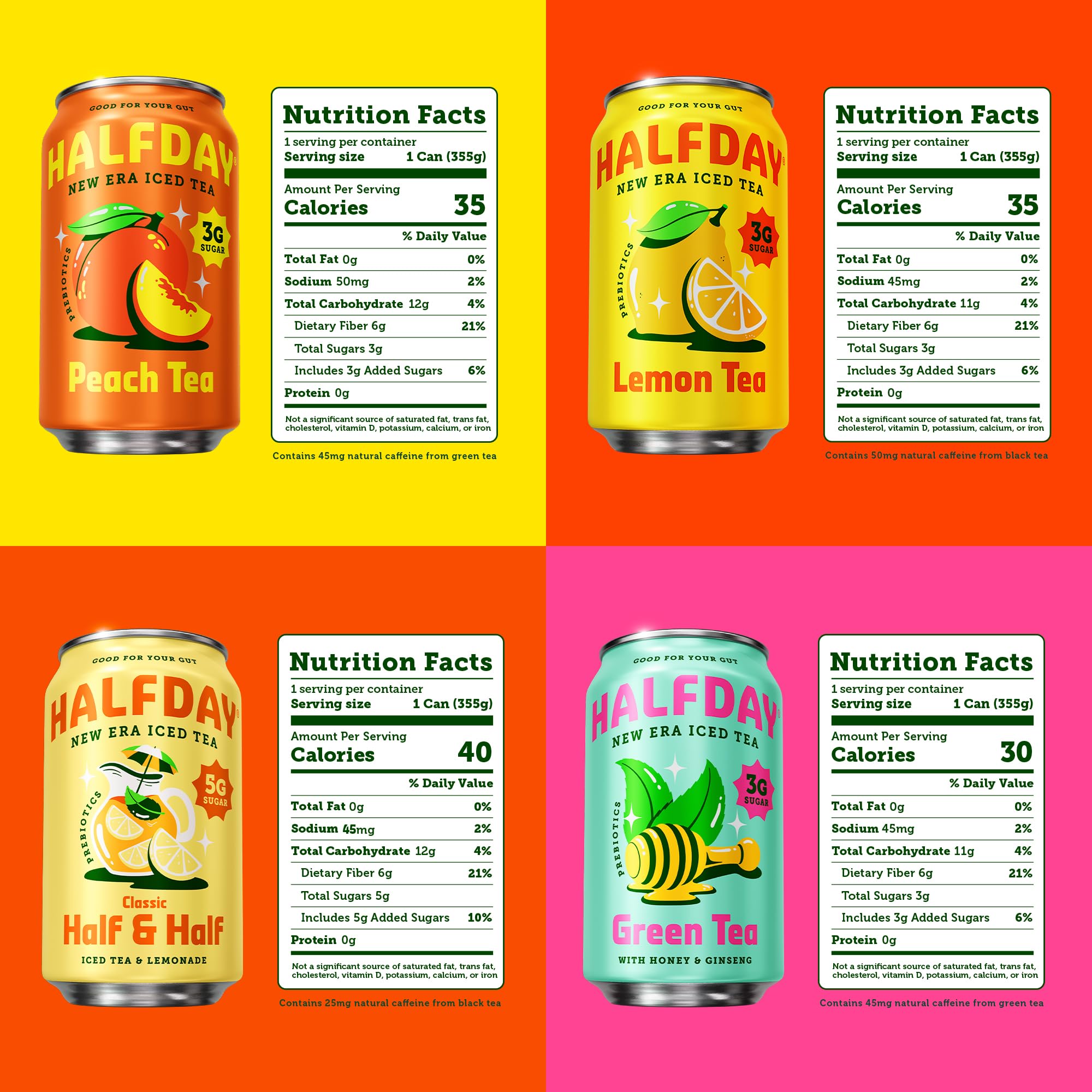HALFDAY peach iced tea can, light on sugar, ideal afternoon pick-me-up.