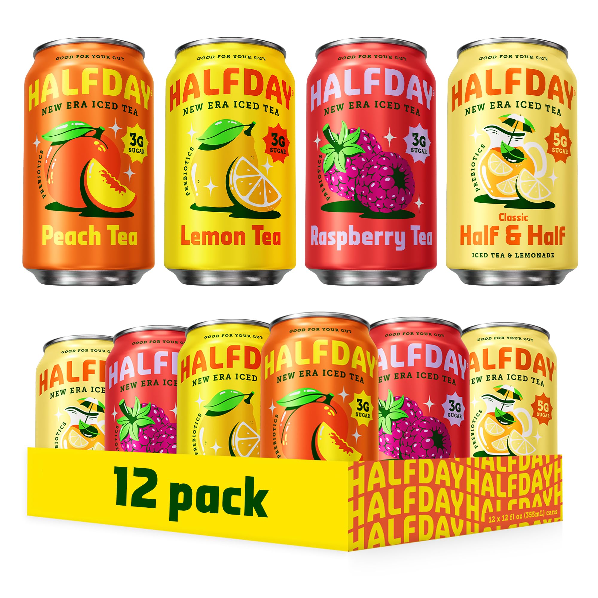 HALFDAY raspberry iced tea can, vibrant flavor with digestive wellness vibes.