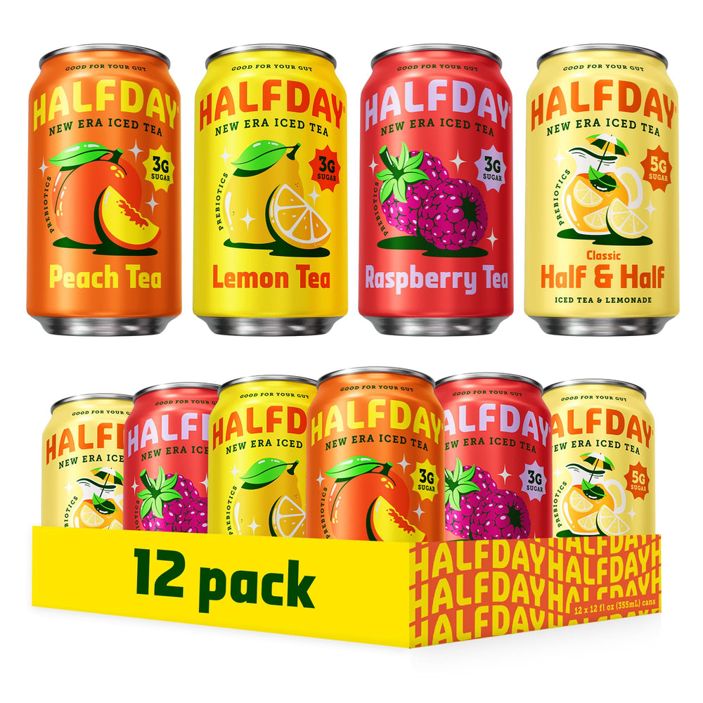 HALFDAY raspberry iced tea can, vibrant flavor with digestive wellness vibes.