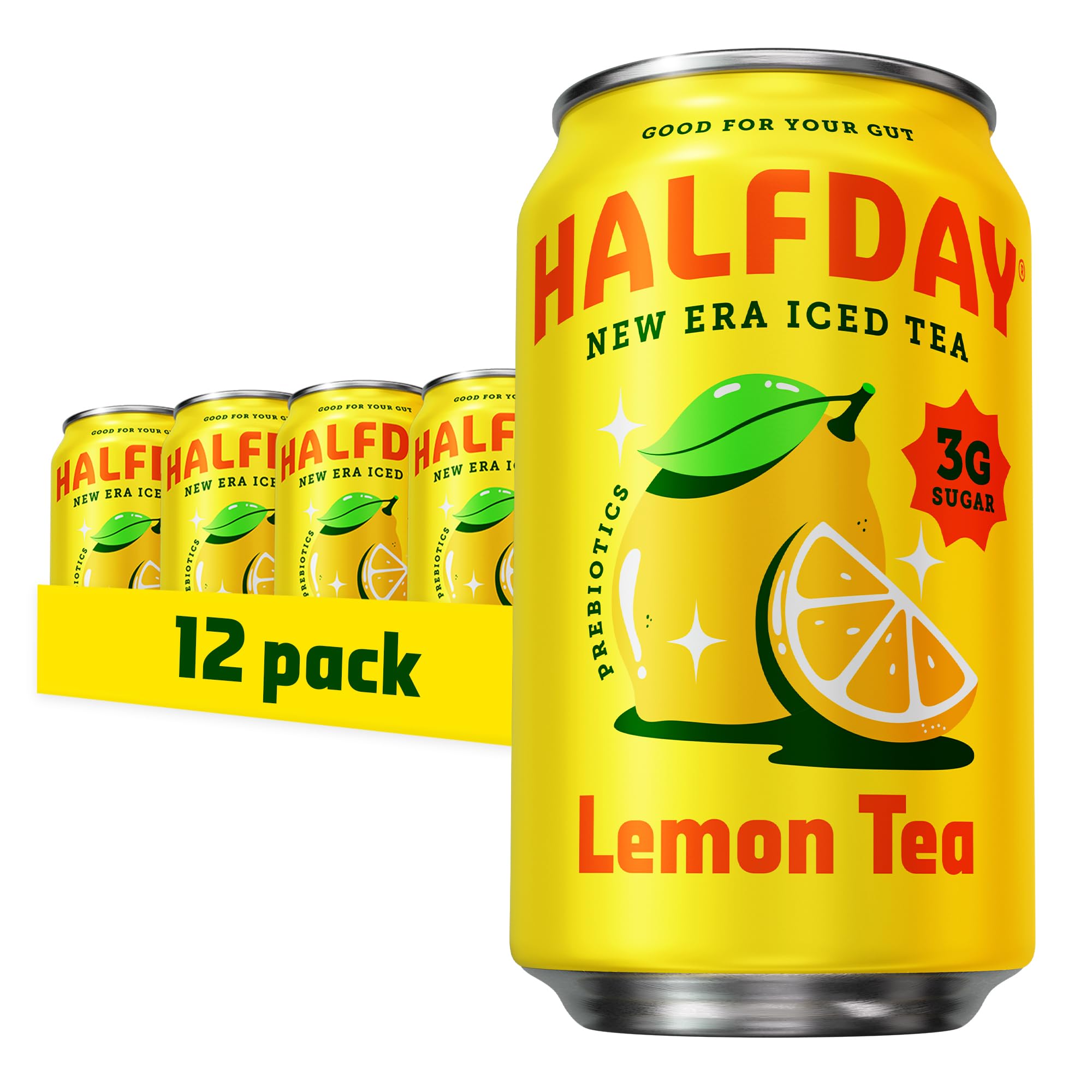 Halfday Prebiotic Lemon Iced Tea can front view with lemon, showcasing refreshing flavor and fiber benefits.