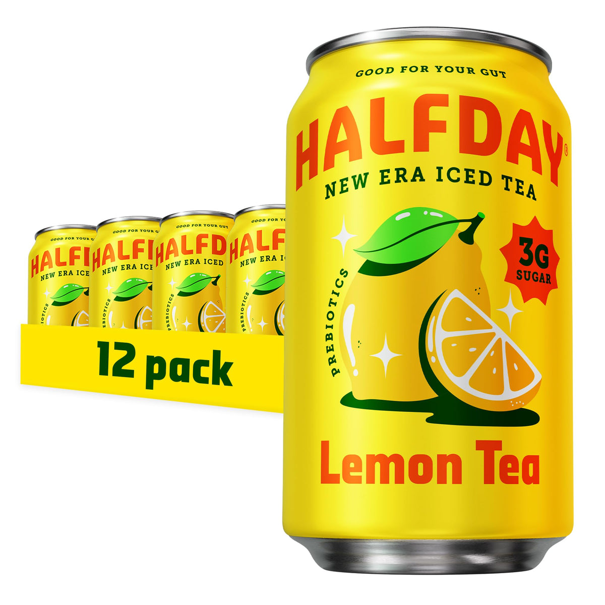 Halfday Prebiotic Lemon Iced Tea can front view with lemon, showcasing refreshing flavor and fiber benefits.