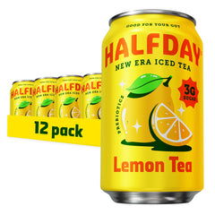 Halfday Prebiotic Lemon Iced Tea can front view with lemon, showcasing refreshing flavor and fiber benefits.