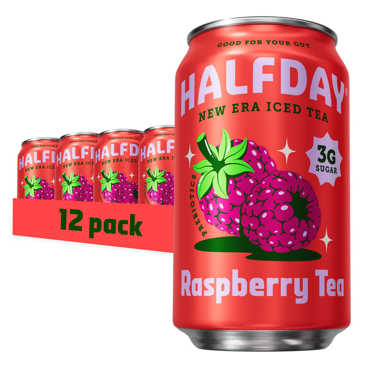 Halfday Raspberry Iced Tea can is being poured, showcasing refreshing flavor.