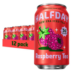 Halfday Raspberry Iced Tea can is being poured, showcasing refreshing flavor.