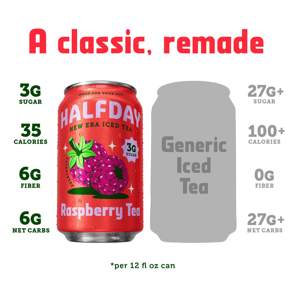 Halfday Raspberry Iced Tea can sideview, ideal for on-the-go refreshment.