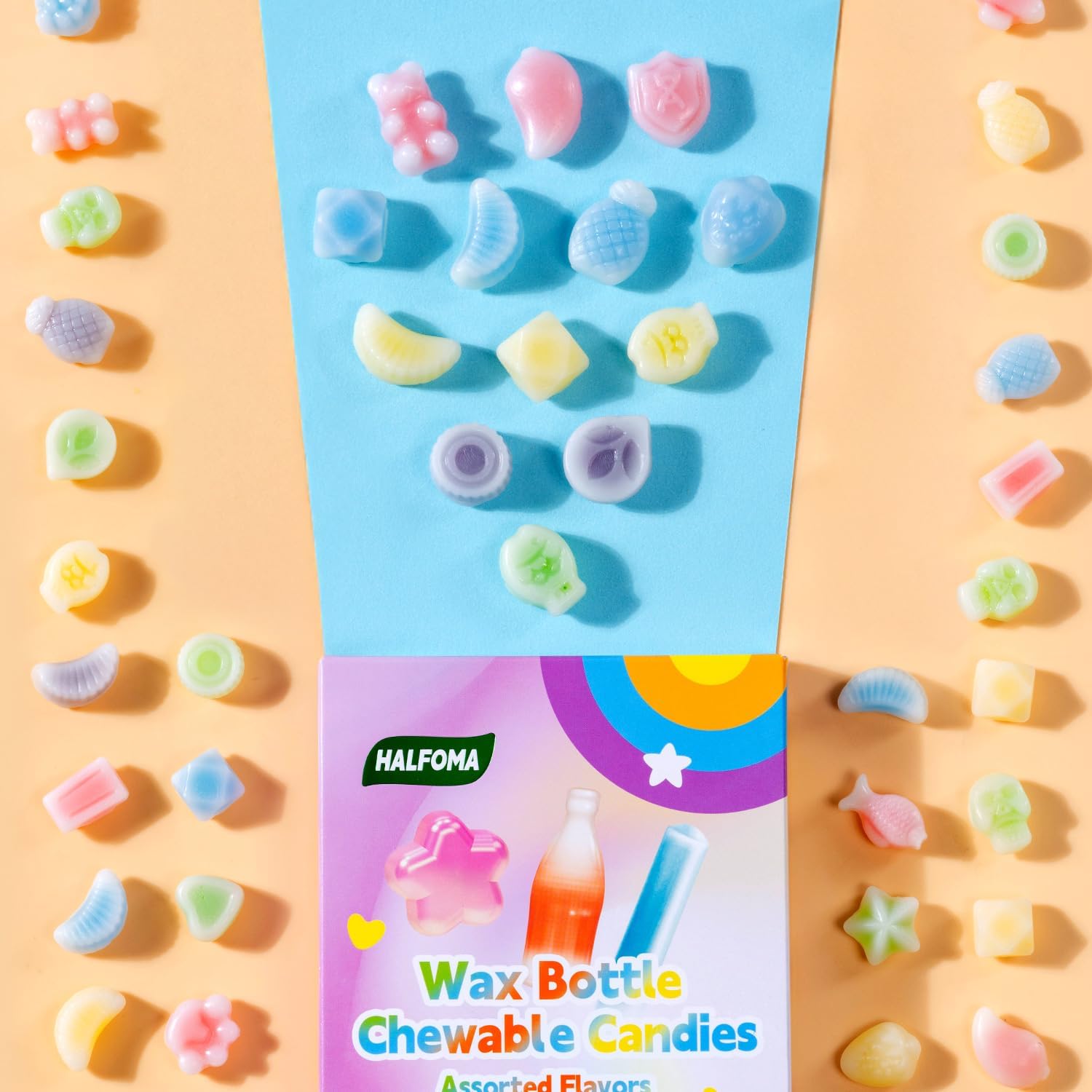 Assorted Halfoma candies reveal multiple fruit flavors on a tasting plate