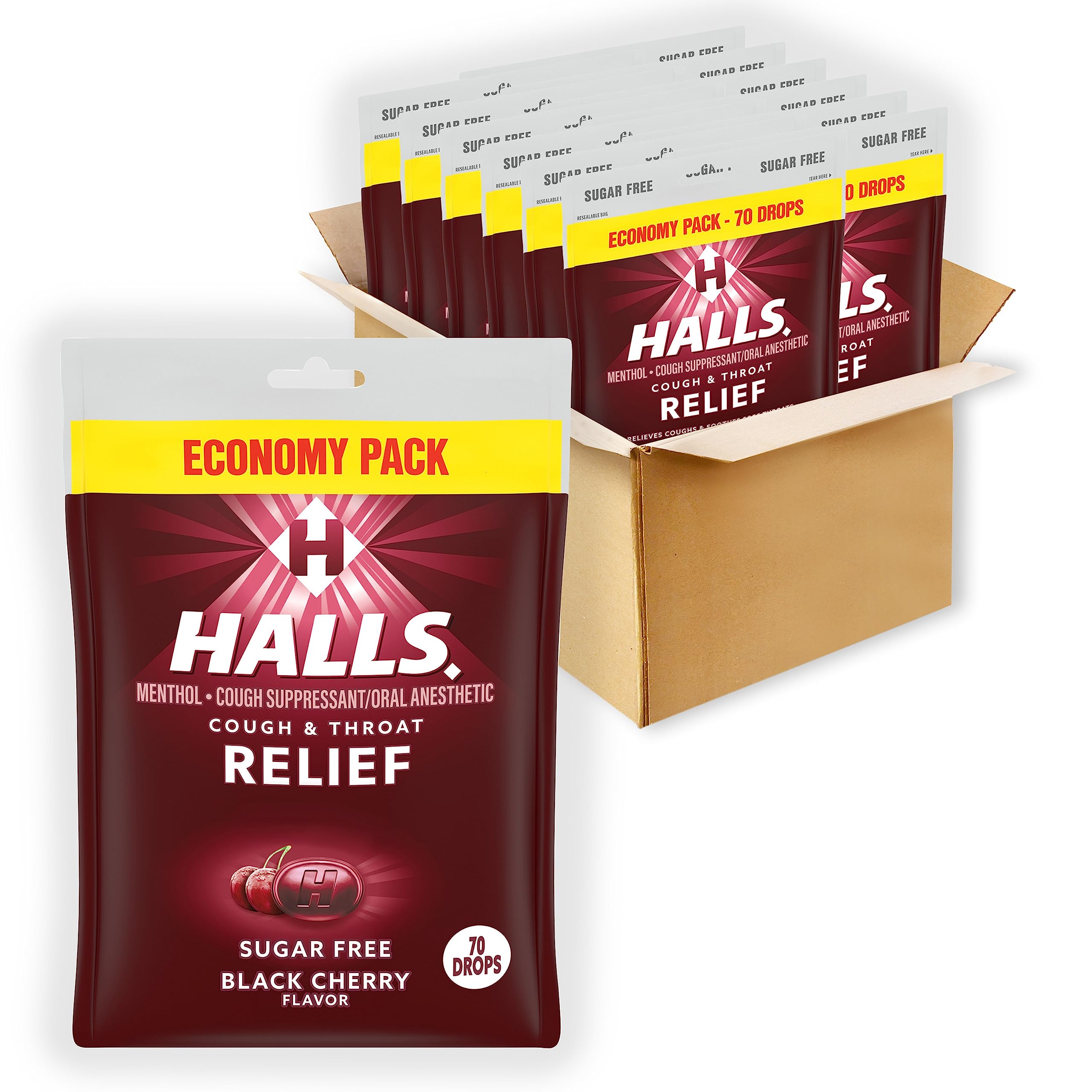 HALLS relief sugar-free black cherry drops in a bag for convenient, sugar-free throat comfort.