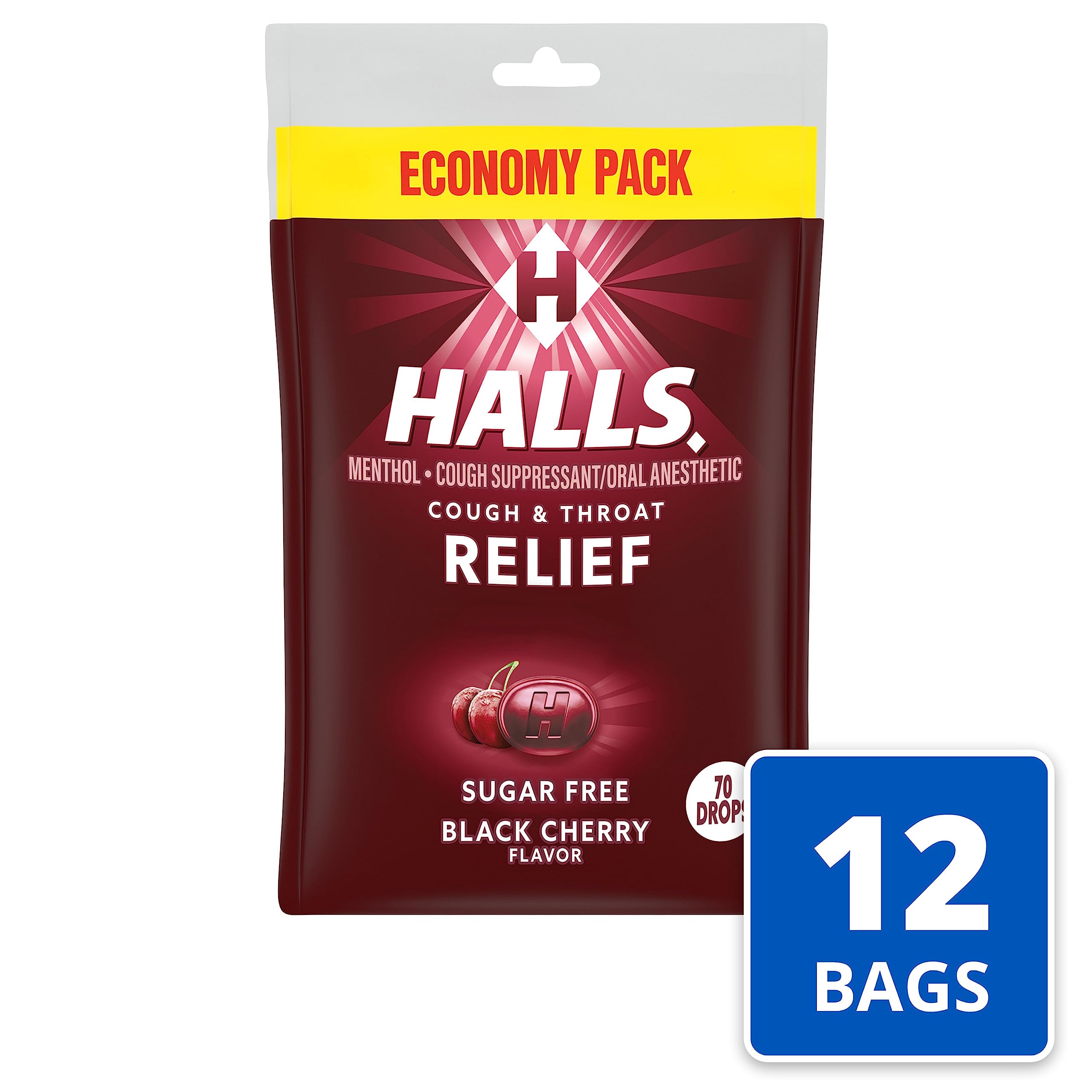 HALLS relief sugar-free black cherry drops close-up highlighting glossy texture and flavor.