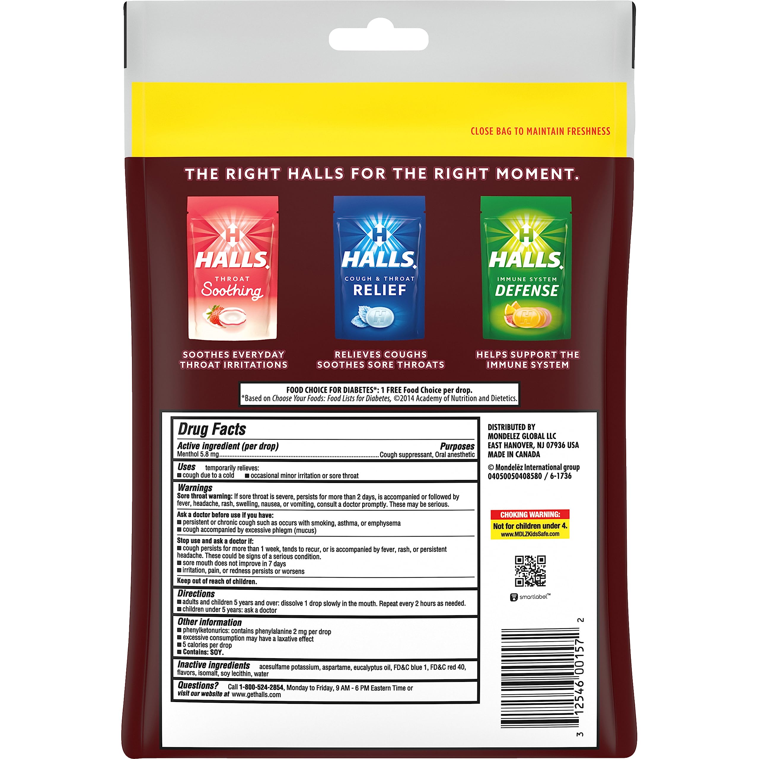 HALLS relief sugar-free black cherry drops front-pack display for economical, portable throat support.