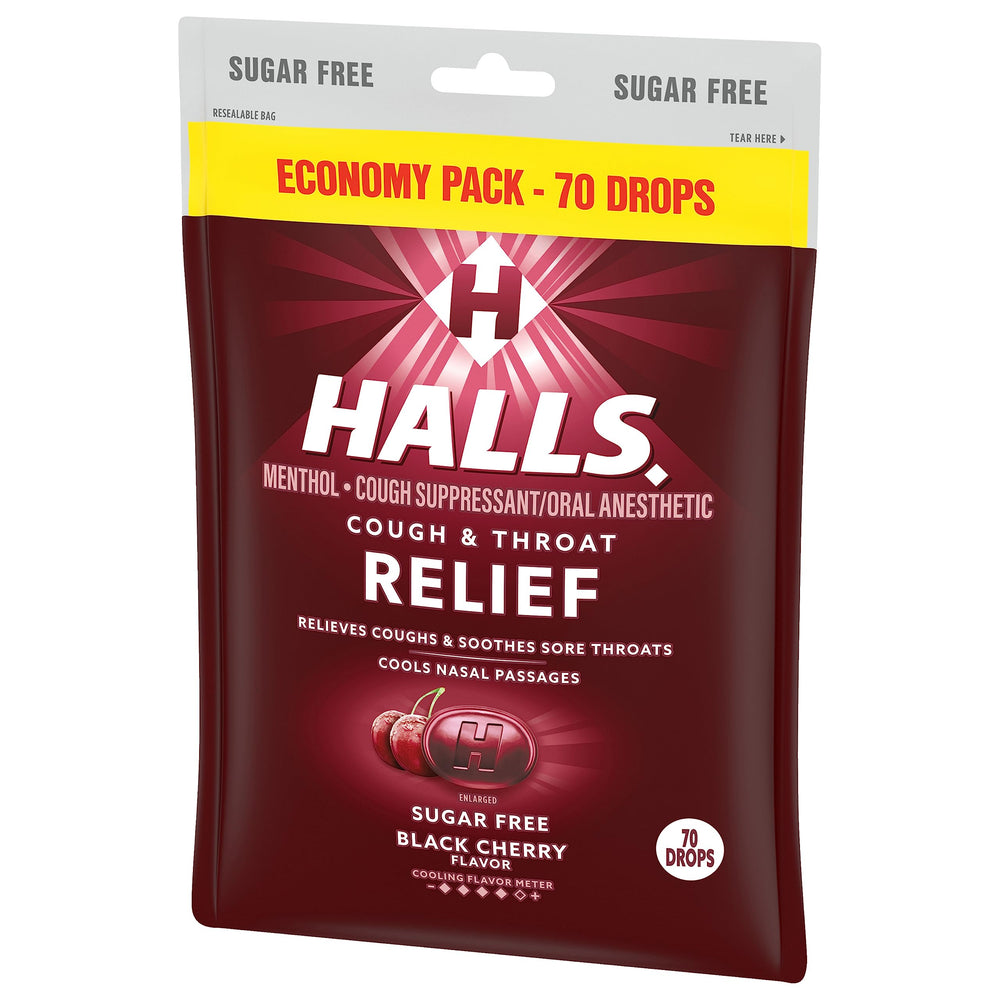 HALLS sugar-free black cherry drops dissolve in mouth for quick, refreshing relief.