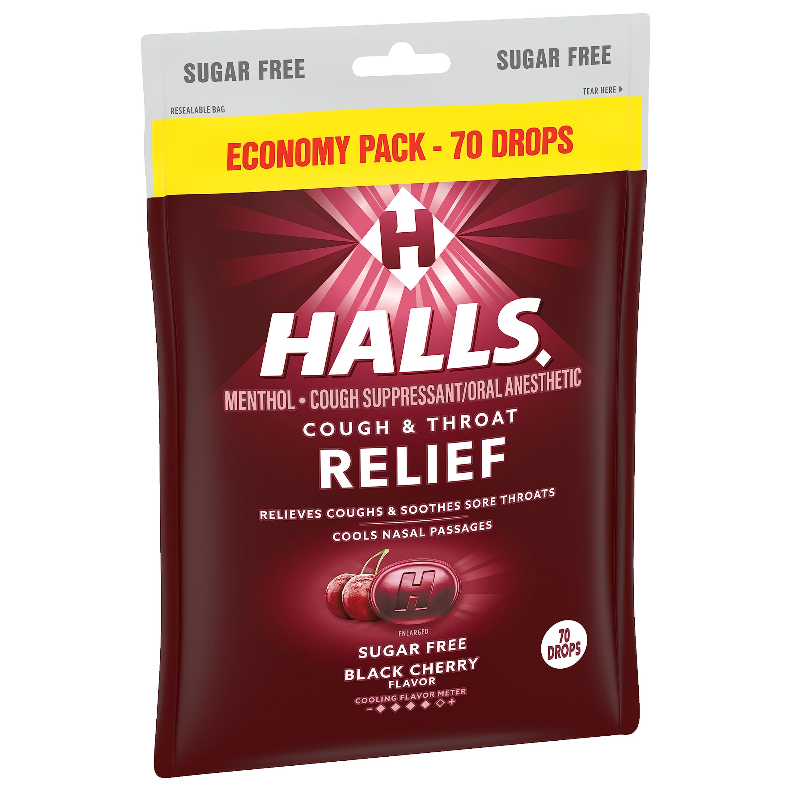 HALLS sugar-free black cherry drops individual wrapping highlights convenient use.