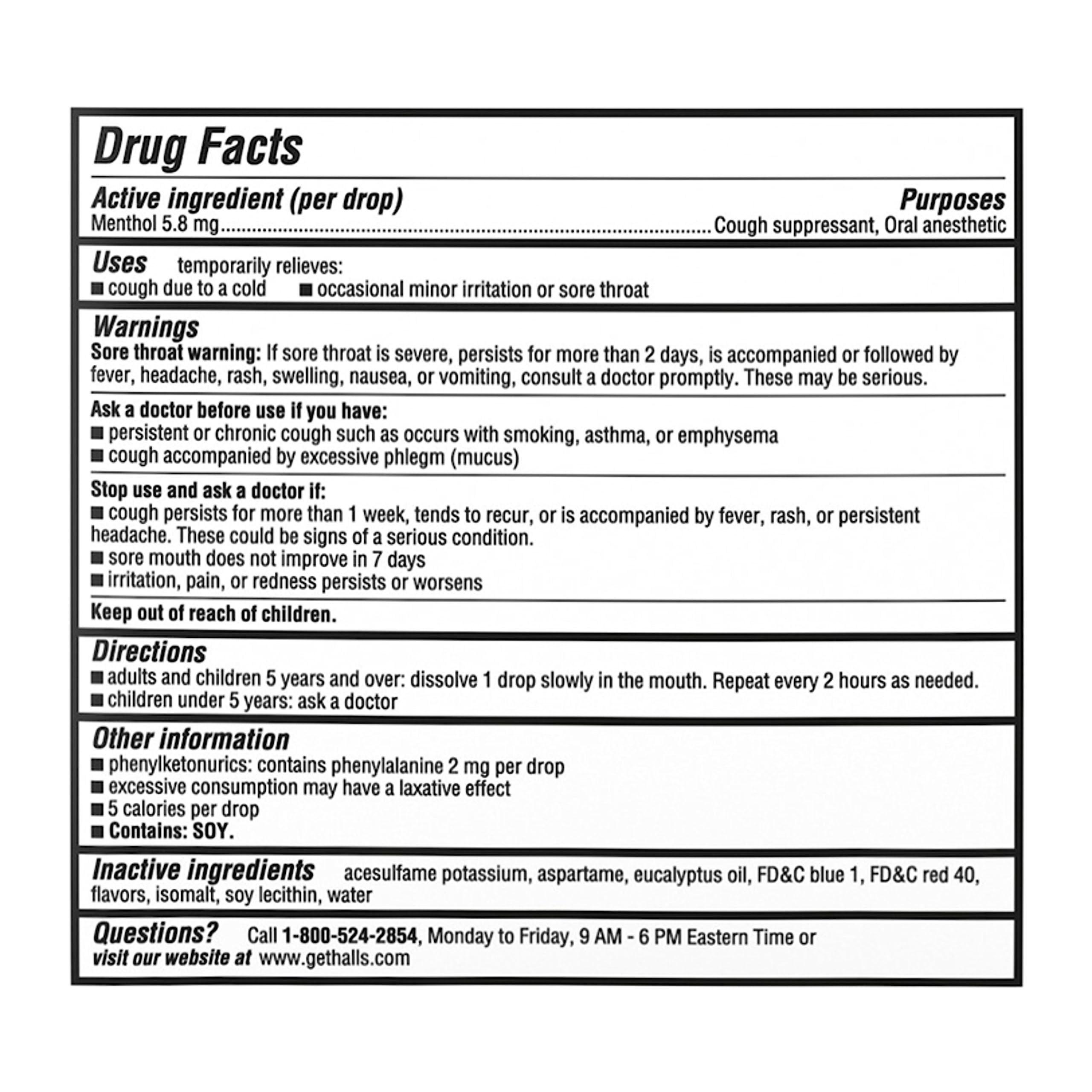 HALLS sugar-free black cherry drops packaging front displays product details.