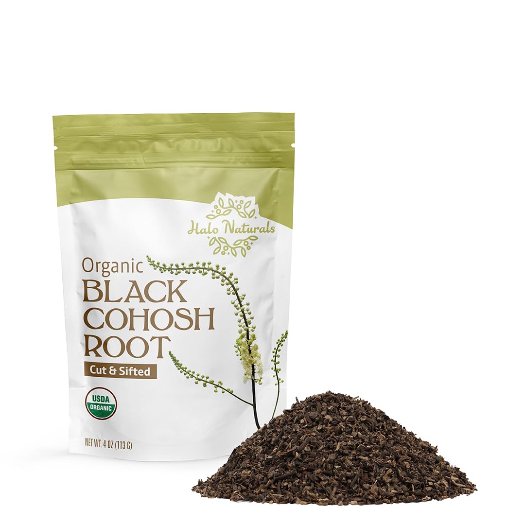 Halo Naturals black cohosh root cut and sifted, 4oz, close-up of premium herbal material for blends.