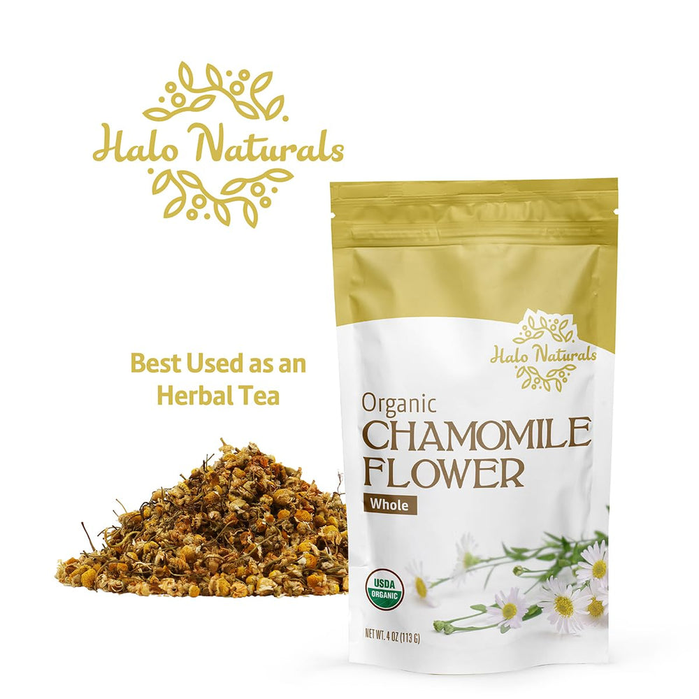 Halo Naturals chamomile aroma closeup highlights delicate floral notes.