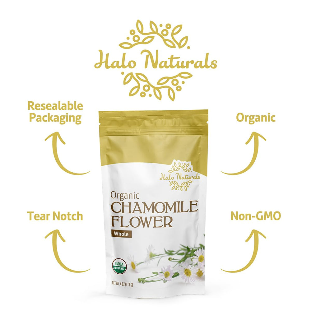 Halo Naturals chamomile tea during steeping reveals gentle sweetness.