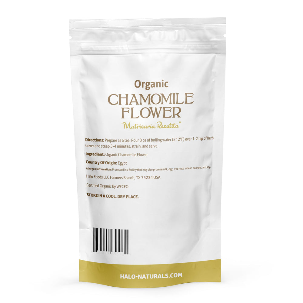Halo Naturals chamomile tea USDA Organic label signals quality and purity.