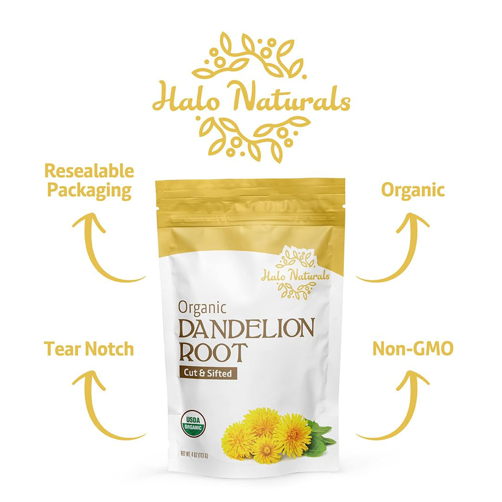 Halo Naturals dandelion root ready for tea infusions.