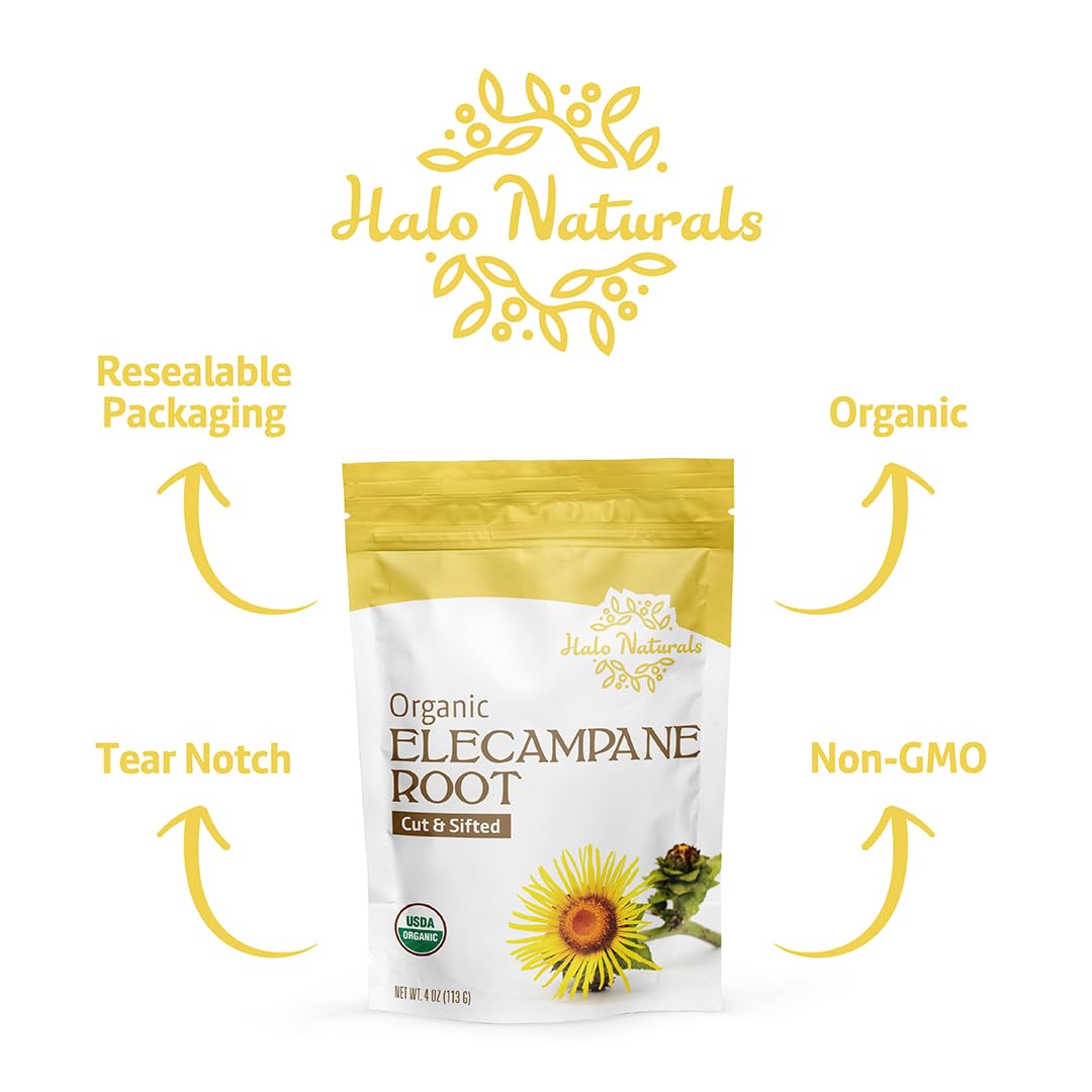 Halo Naturals elecampane root packaged in USA with quality seal.