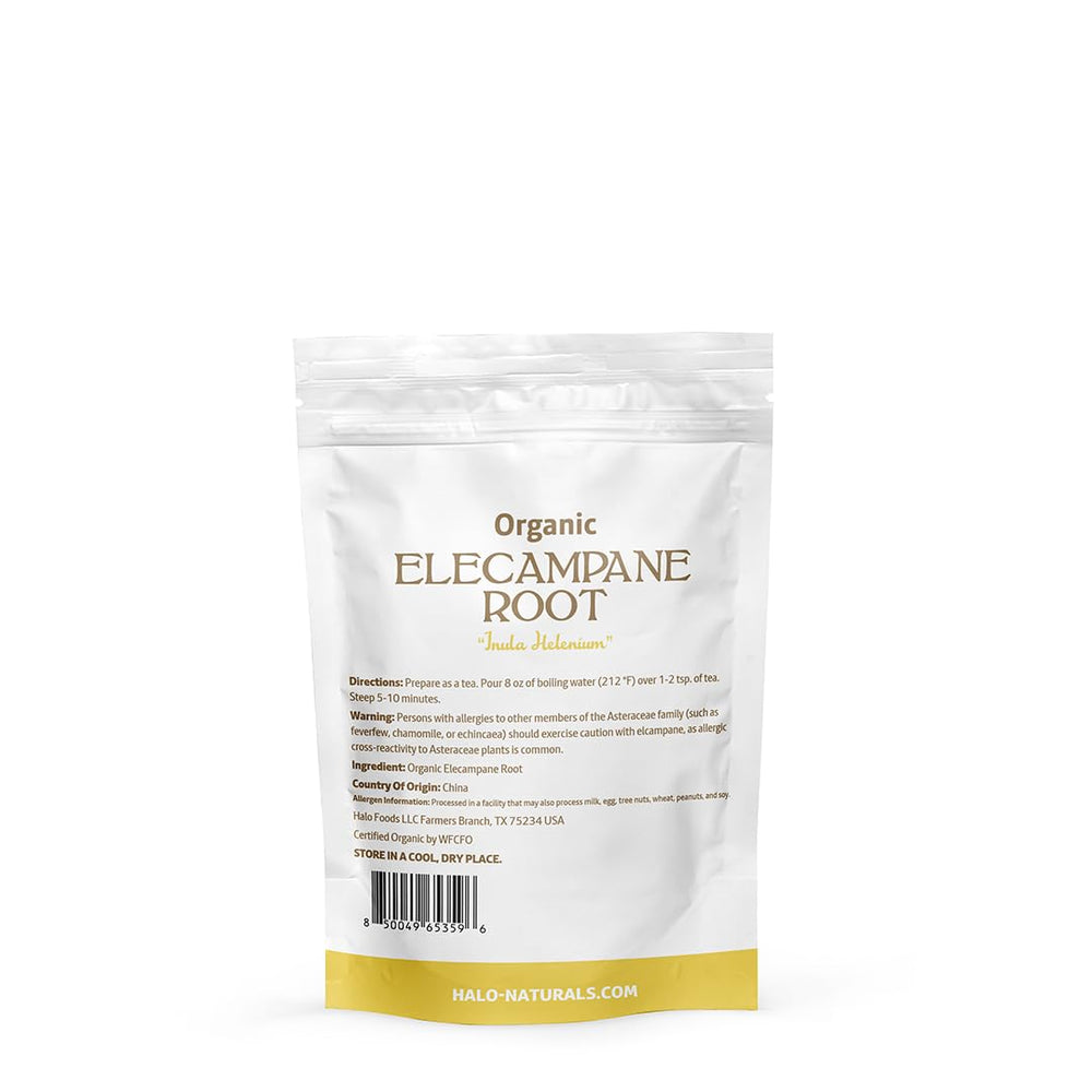 Halo Naturals elecampane root resealable pouch preserves freshness.