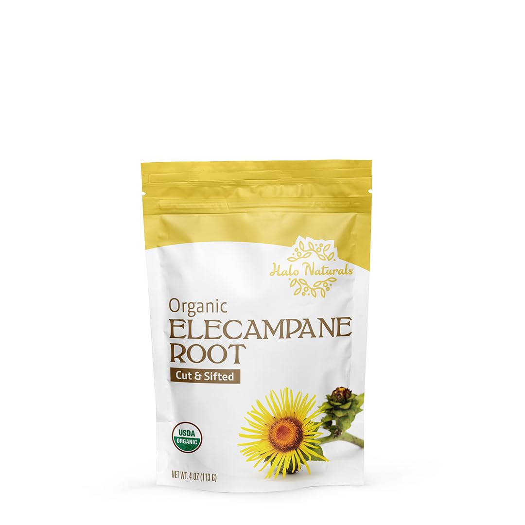 Halo Naturals elecampane root USDA organic label visible.