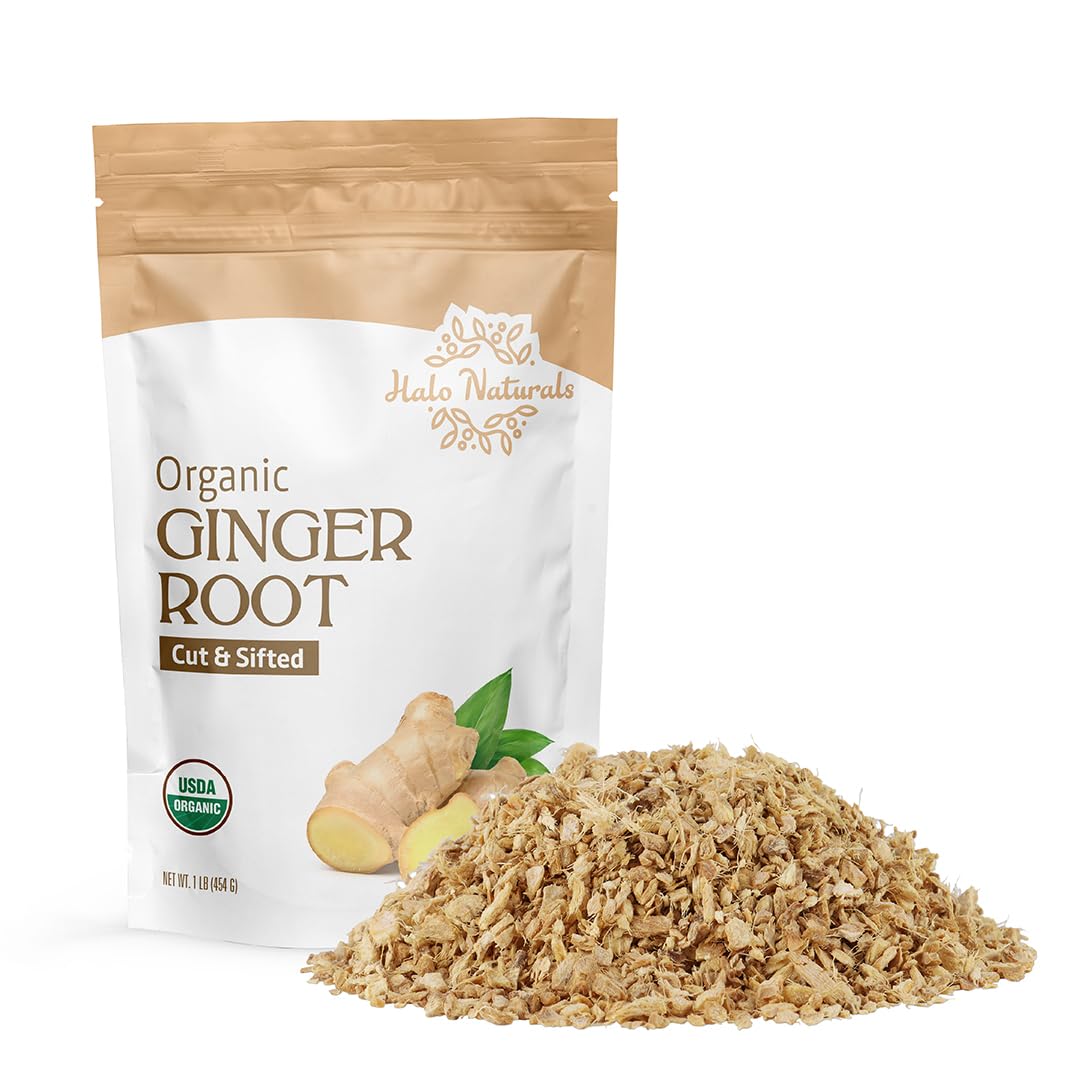 Halo Naturals ginger root cut and sifted in a 1lb package for versatile cooking