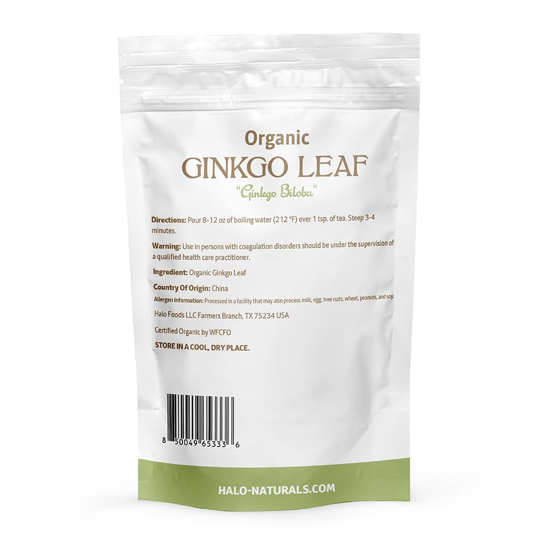 Halo Naturals Organic Ginkgo leaf cut and sifted, ideal for brewing herbal teas