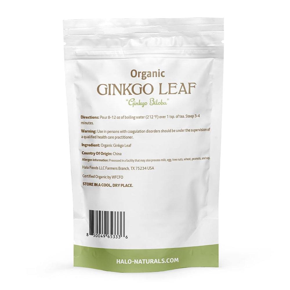 Halo Naturals Organic Ginkgo leaf cut and sifted, ideal for brewing herbal teas