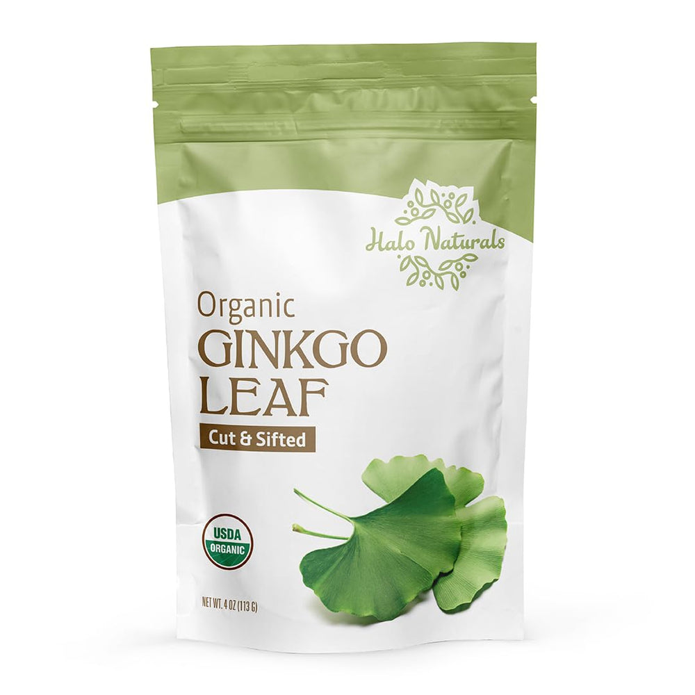 Halo Naturals Ginkgo leaf cut and sifted with USDA Organic certification on the label