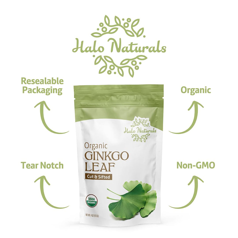 Halo Naturals Ginkgo leaf cut and sifted, perfect for daily tea rituals