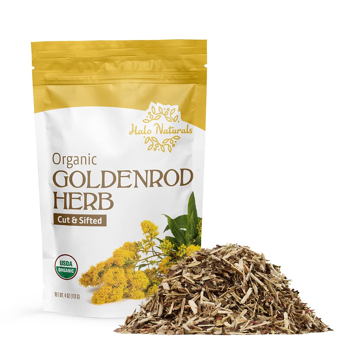 Halo Naturals Goldenrod herb cut and sifted 4oz label for organic quality and blends