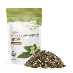 Halo Naturals Meadowsweet herb cut and sifted in a 4oz pouch for tea.