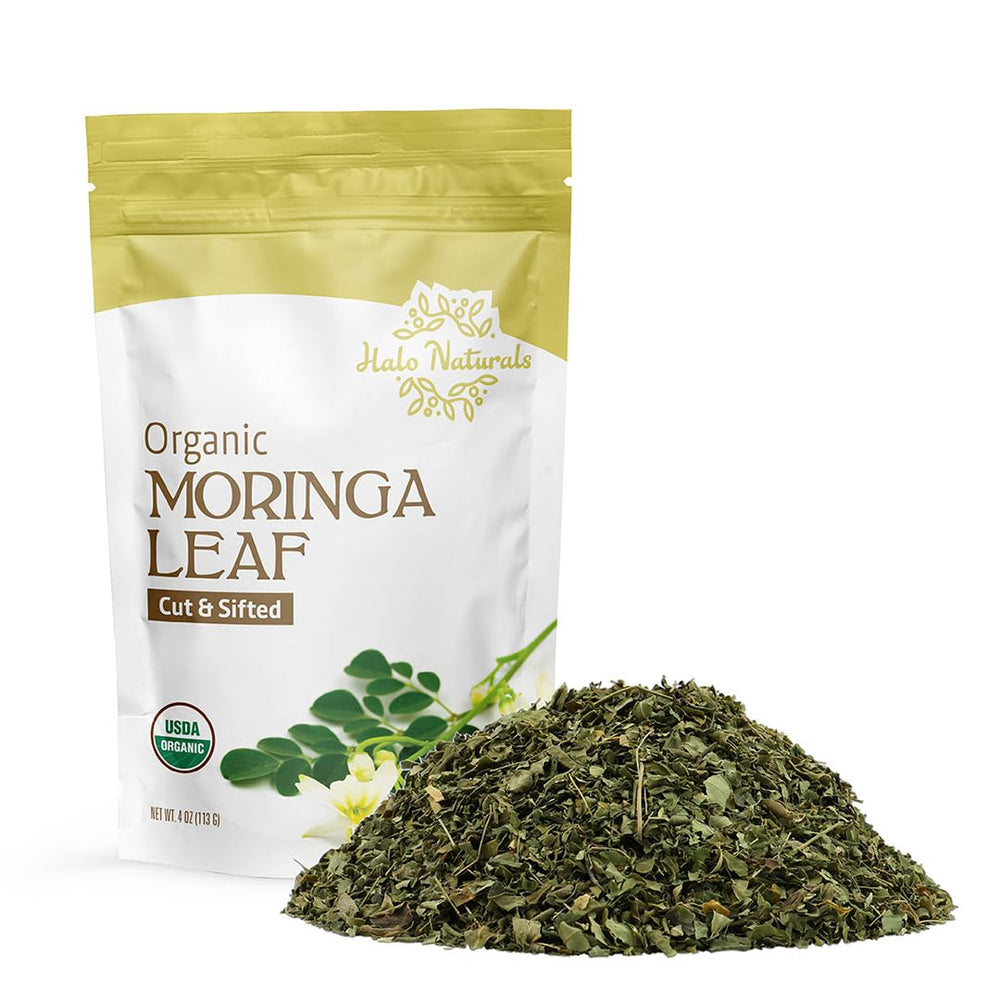 Halo Naturals Moringa leaf powder in a jar, ideal for daily smoothies.