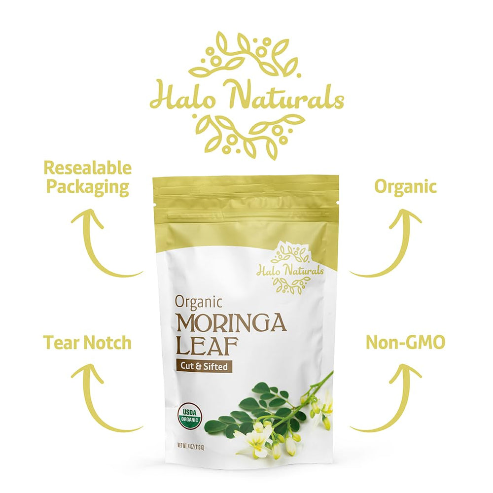 Halo Naturals moringa powder stirred into a smoothie, easy to use.