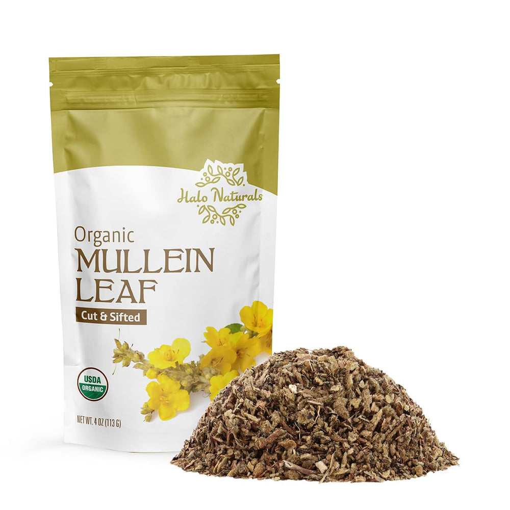 Halo Naturals mullein leaf cut-sifted 4oz for tea blends and infusions.