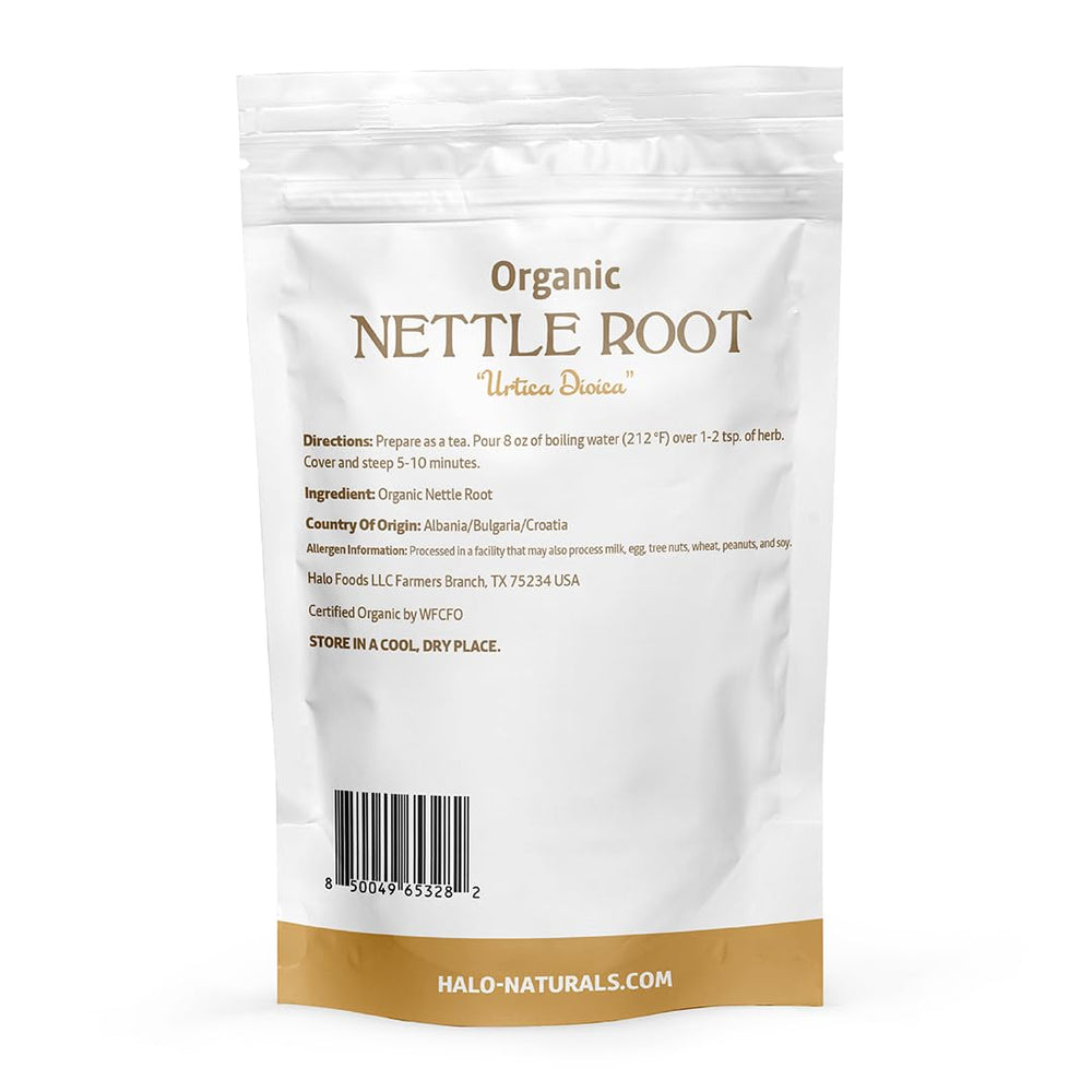 Halo Naturals nettle root label with USDA Organic seal, indicating organic quality.