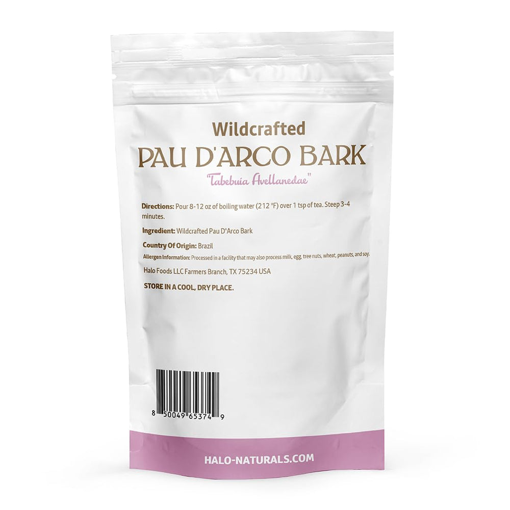 Halo Naturals Pau D'Arco bark in resealable pouch stays fresh longer