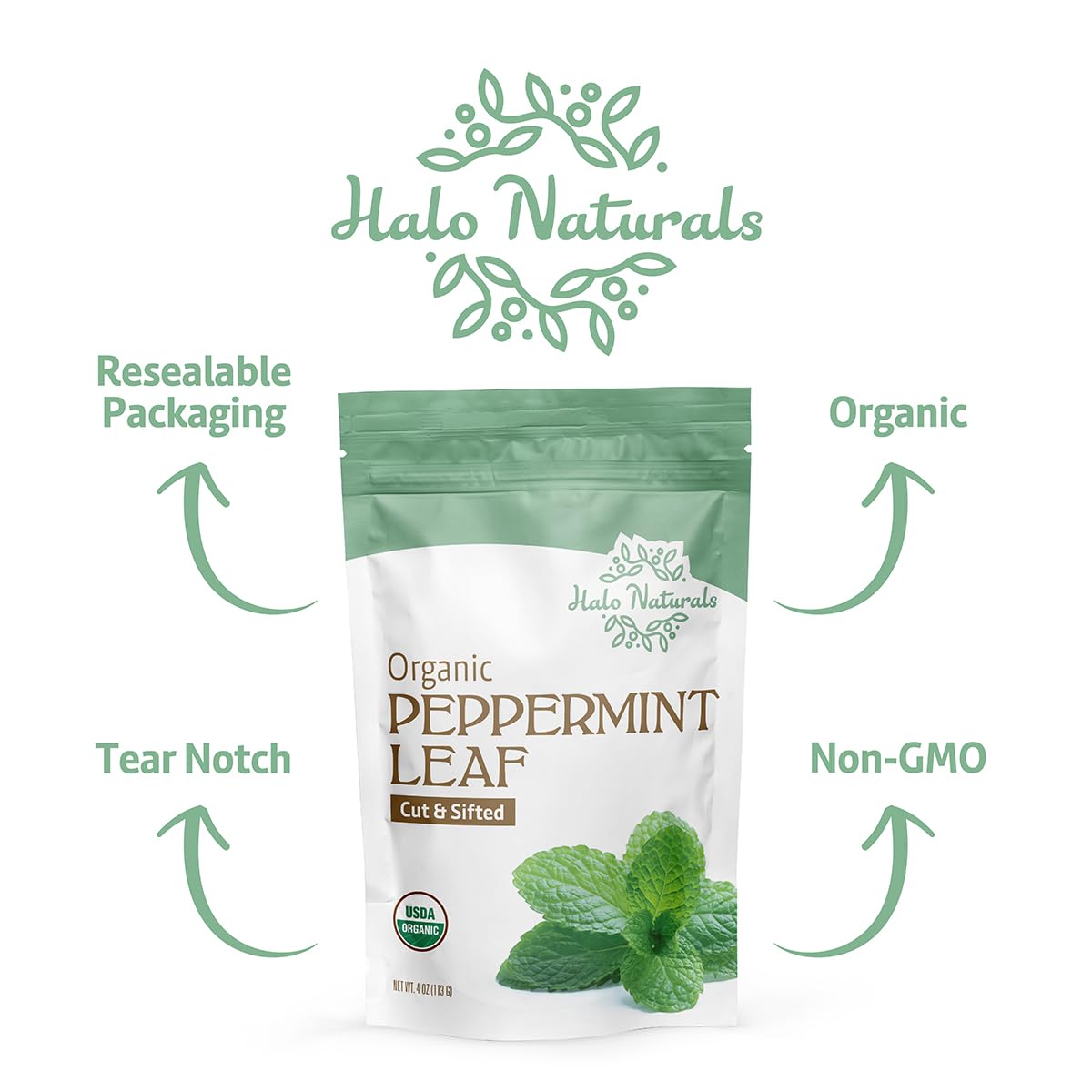 Halo Naturals peppermint leaf dried leaves closeup with vibrant color
