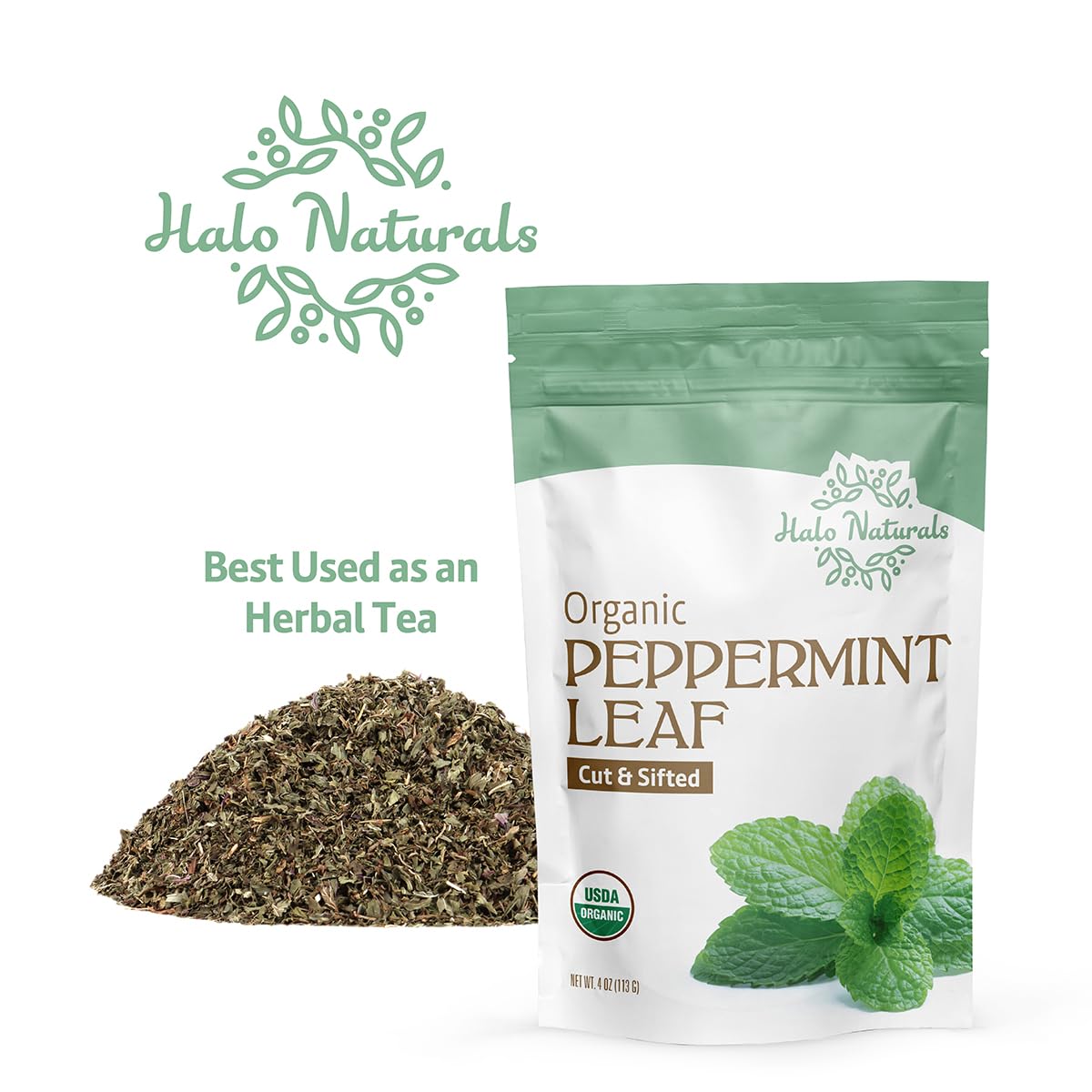 Halo Naturals peppermint leaf packaged in USA for domestic quality control