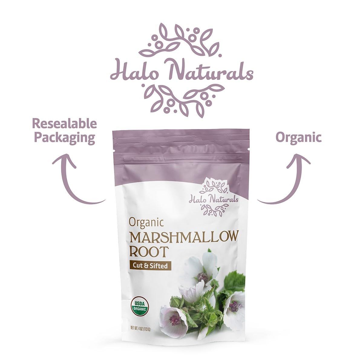 Halo Naturals resealable pouch closeup preserves freshness between uses.