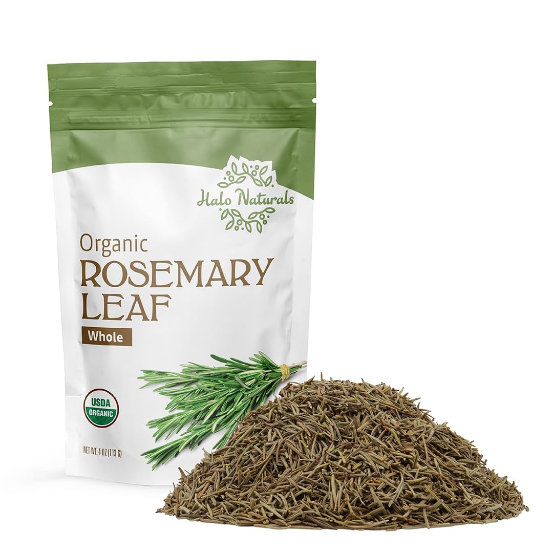Halo Naturals rosemary leaf whole label shows USDA organic certification.
