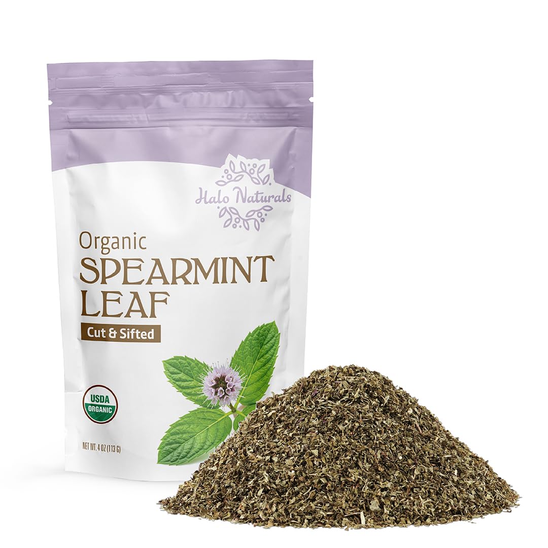 Halo Naturals spearmint leaf packaging with resealable pouch for freshness.