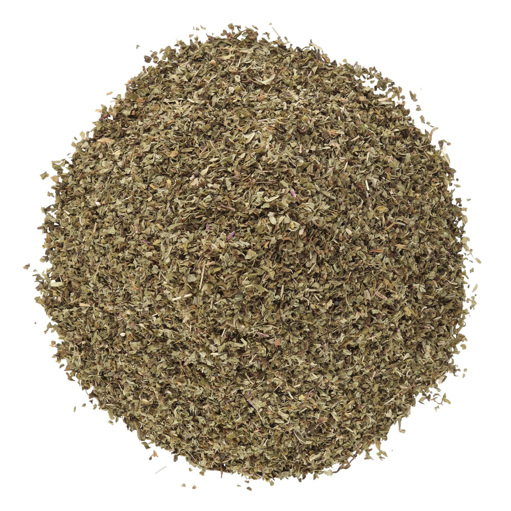 Halo Naturals spearmint leaf cut and sifted close-up in resealable pouch.