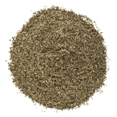 Halo Naturals spearmint leaf cut and sifted close-up in resealable pouch.