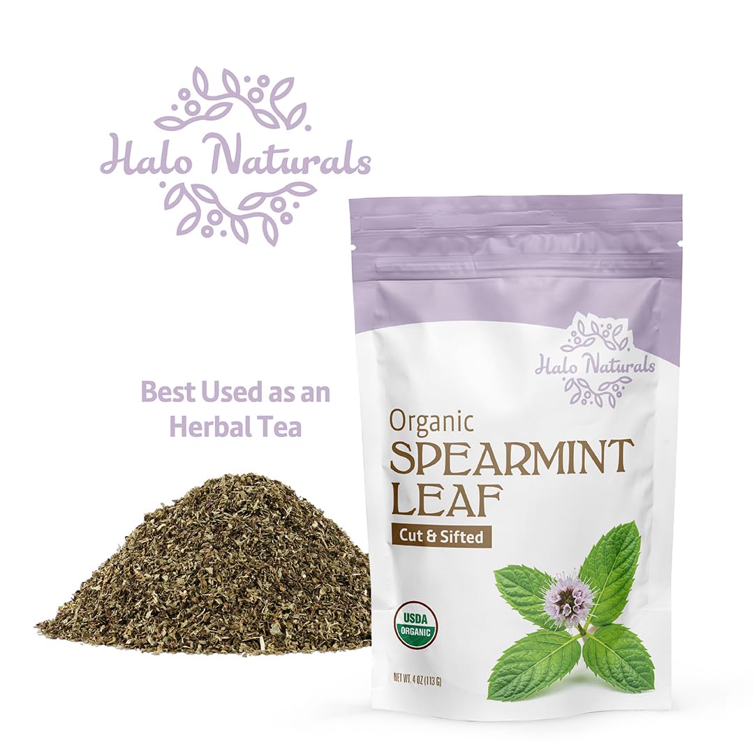Halo Naturals spearmint leaf shown beside a kitchen spoon for use.