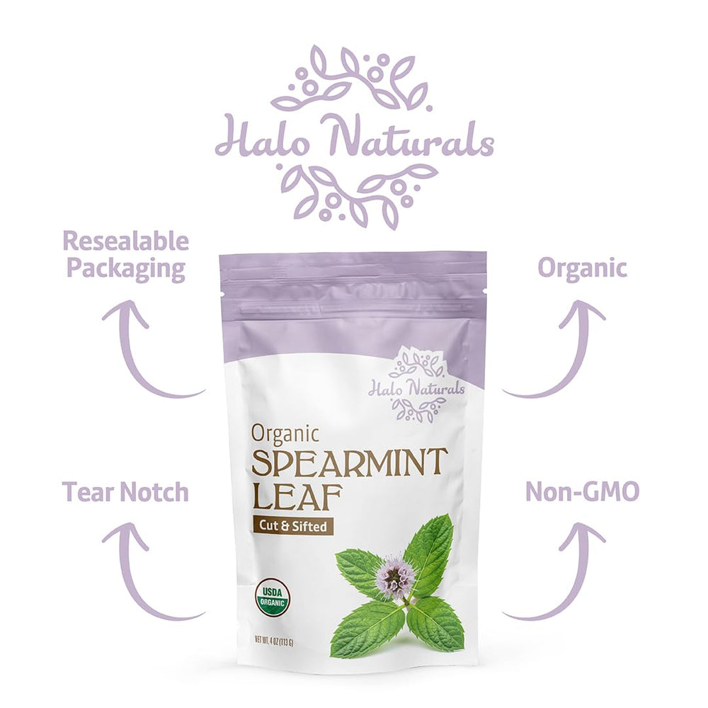 Halo Naturals spearmint leaf setup with a teacup and aroma ready.