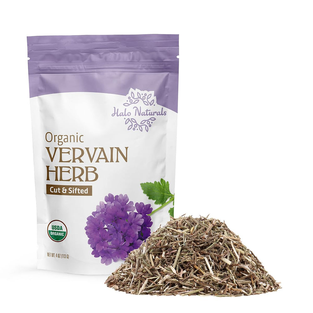Halo Naturals Vervain herb cut and sifted in a resealable 4 oz pouch for easy tea prep.
