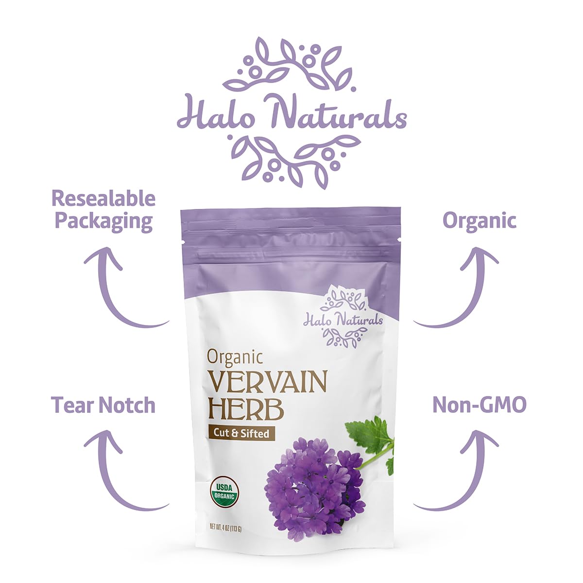 Halo Naturals vervain resealable pouch front image emphasizing freshness and long shelf life.