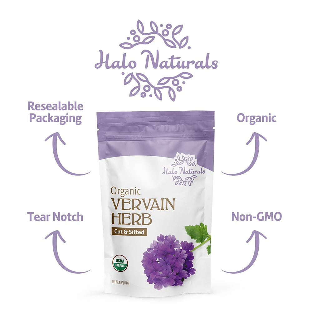 Halo Naturals vervain resealable pouch front image emphasizing freshness and long shelf life.