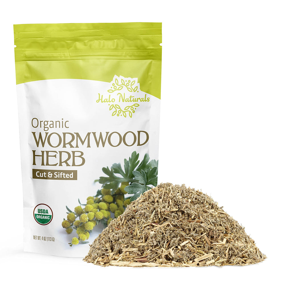 Halo Naturals wormwood tea packaging preserves freshness for convenient brewing